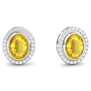 Halo Pave Set Citrine Sterling Silver Diamond Stud Earrings (E6)